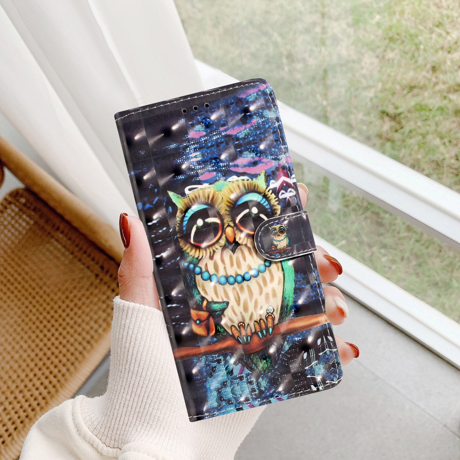 For iPhone 16 Plus Case PU Leather 3D Pattern Printing Wallet Phone Cover - Owl