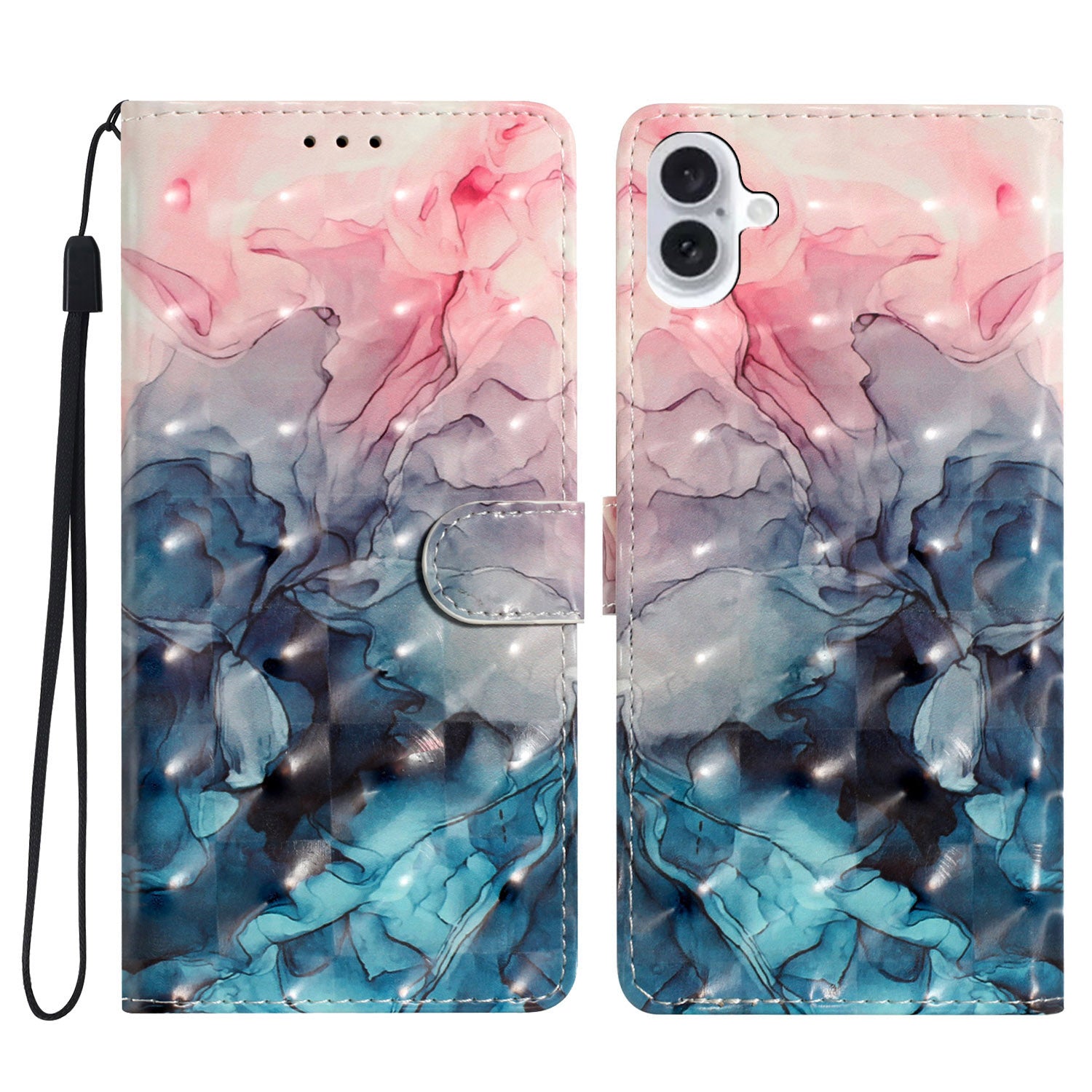 For iPhone 16 Plus Case PU Leather 3D Pattern Printing Wallet Phone Cover - Pink Blue Marble