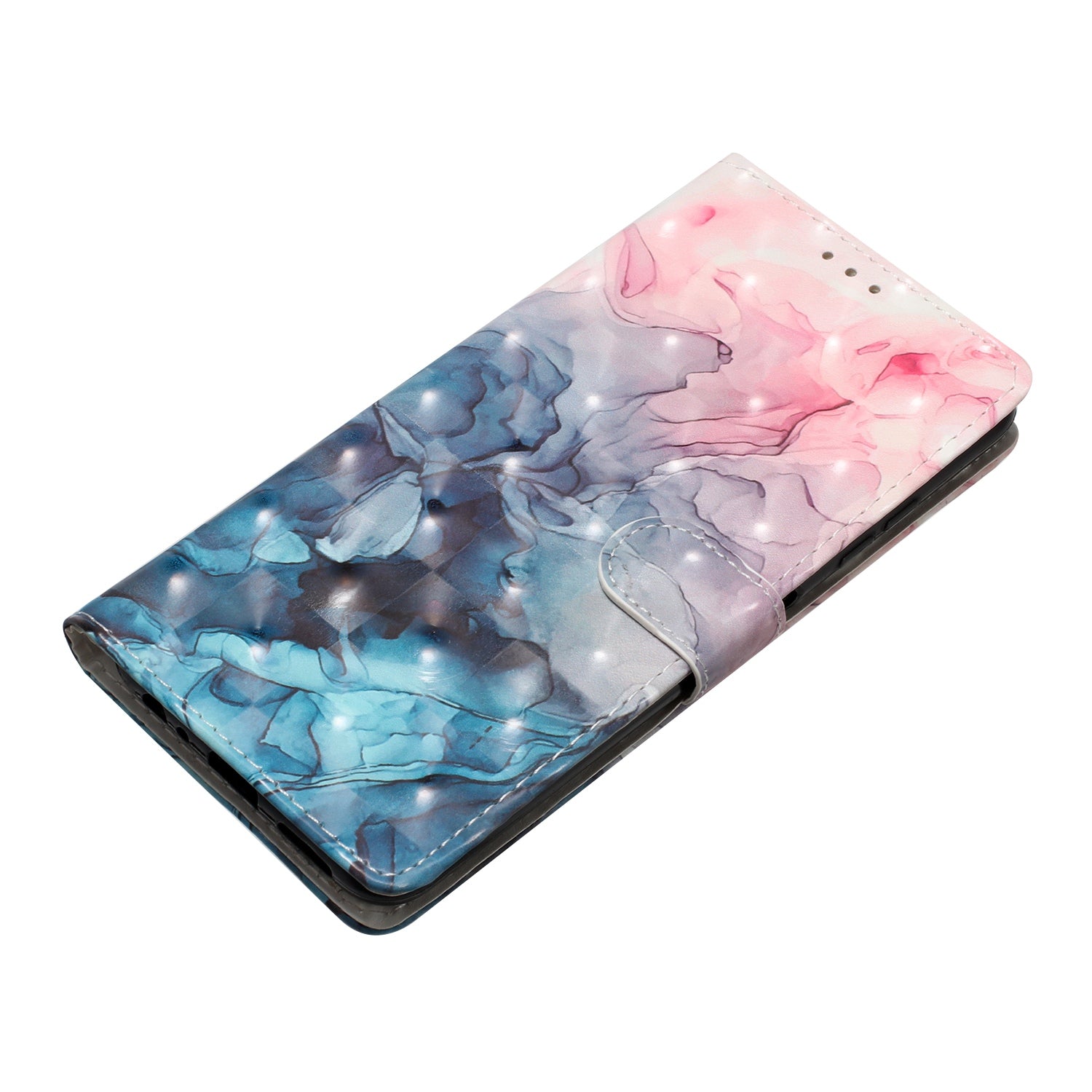 For iPhone 16 Plus Case PU Leather 3D Pattern Printing Wallet Phone Cover - Pink Blue Marble