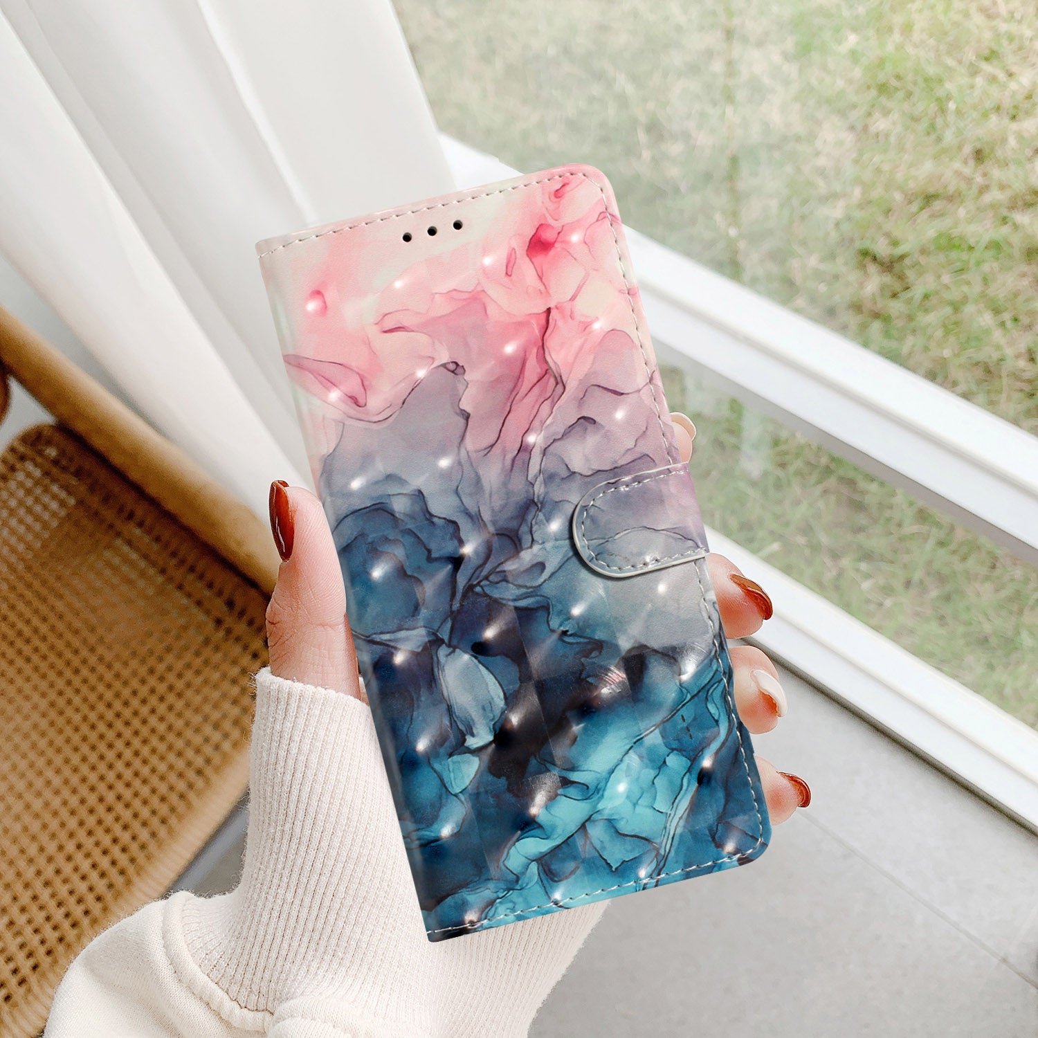 For iPhone 16 Plus Case PU Leather 3D Pattern Printing Wallet Phone Cover - Pink Blue Marble