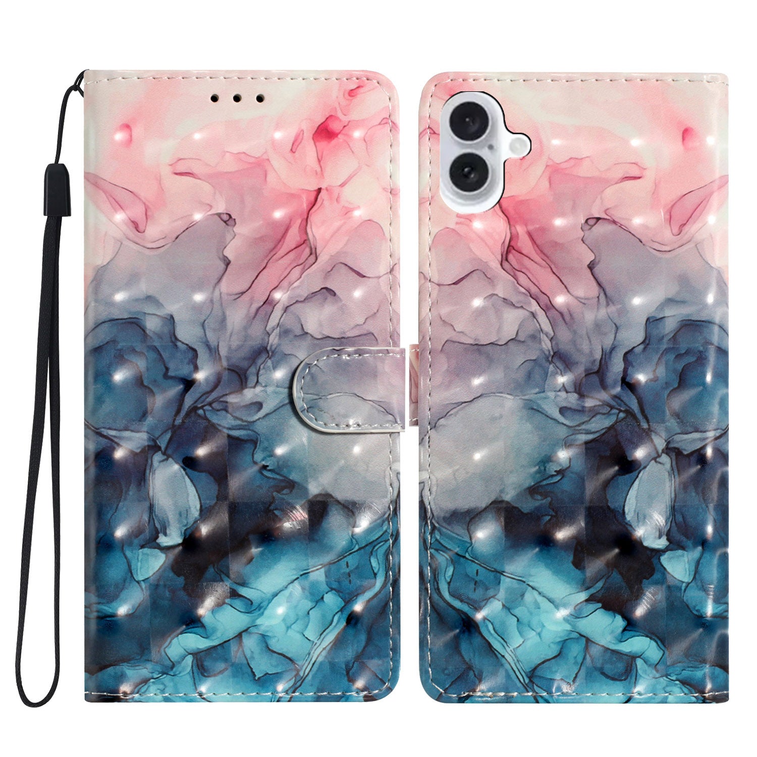 For iPhone 16 Case PU Leather 3D Pattern Printing Phone Wallet Cover - Pink Blue Marble