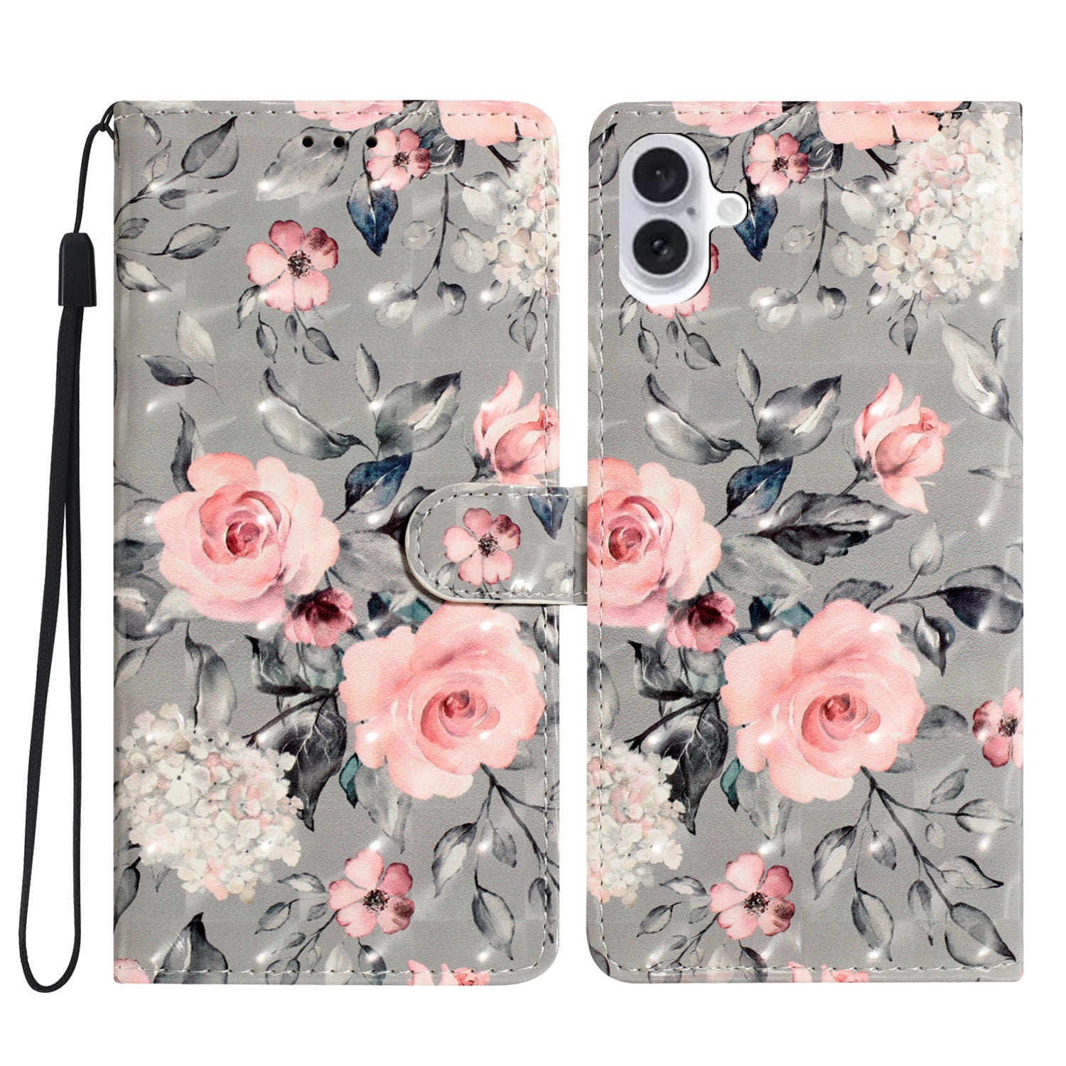 For iPhone 16 Case PU Leather 3D Pattern Printing Phone Wallet Cover - Flowers