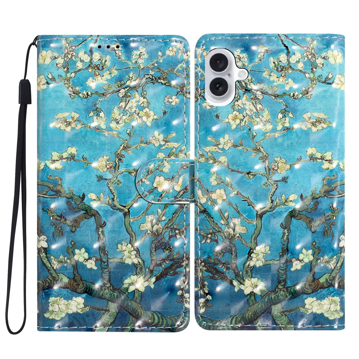 For iPhone 16 Case PU Leather 3D Pattern Printing Phone Wallet Cover - Apricot Blossom