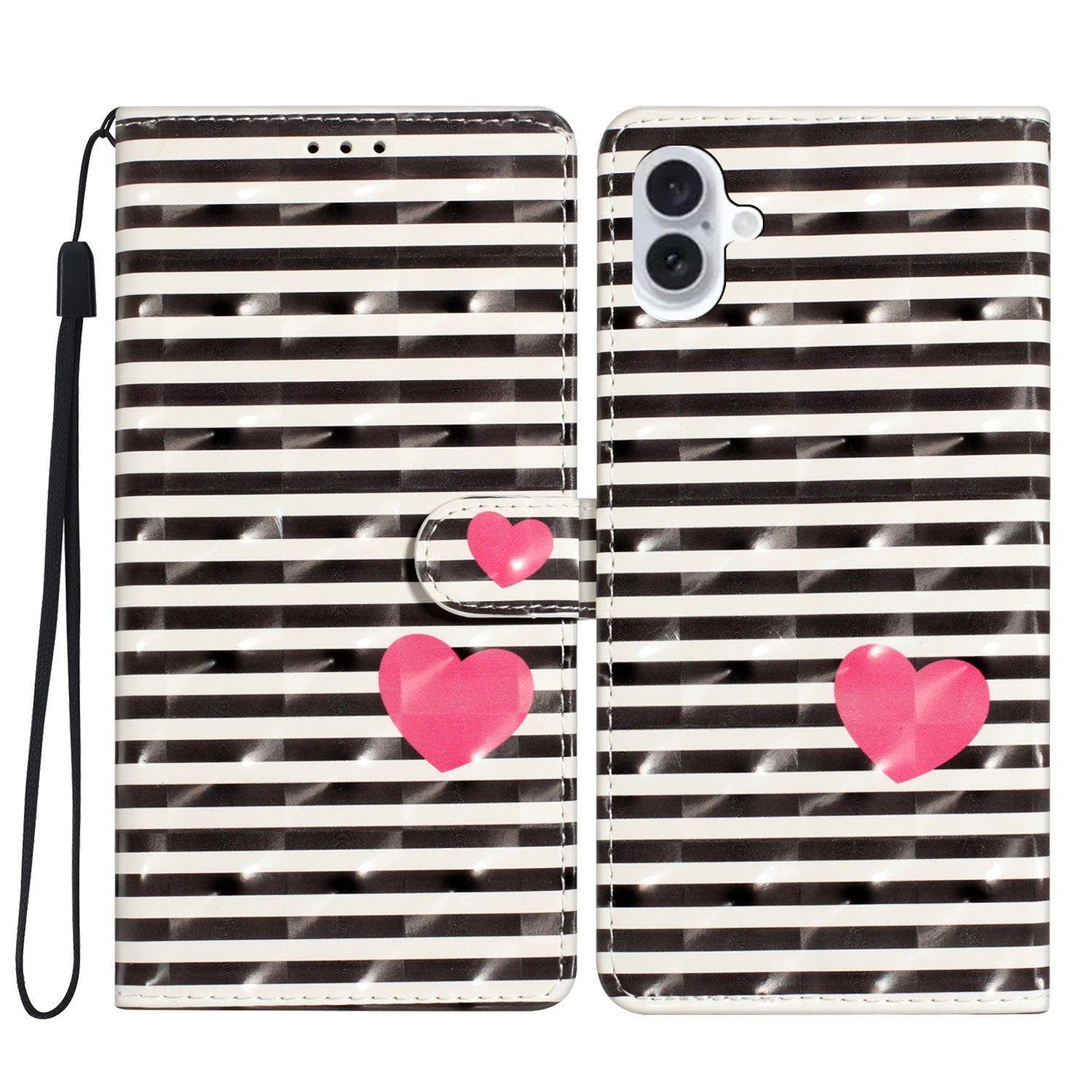 For iPhone 16 Case PU Leather 3D Pattern Printing Phone Wallet Cover - Stripes / Heart