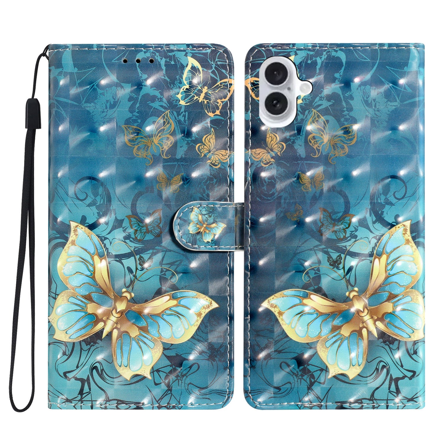 For iPhone 16 Case PU Leather 3D Pattern Printing Phone Wallet Cover - Butterfly