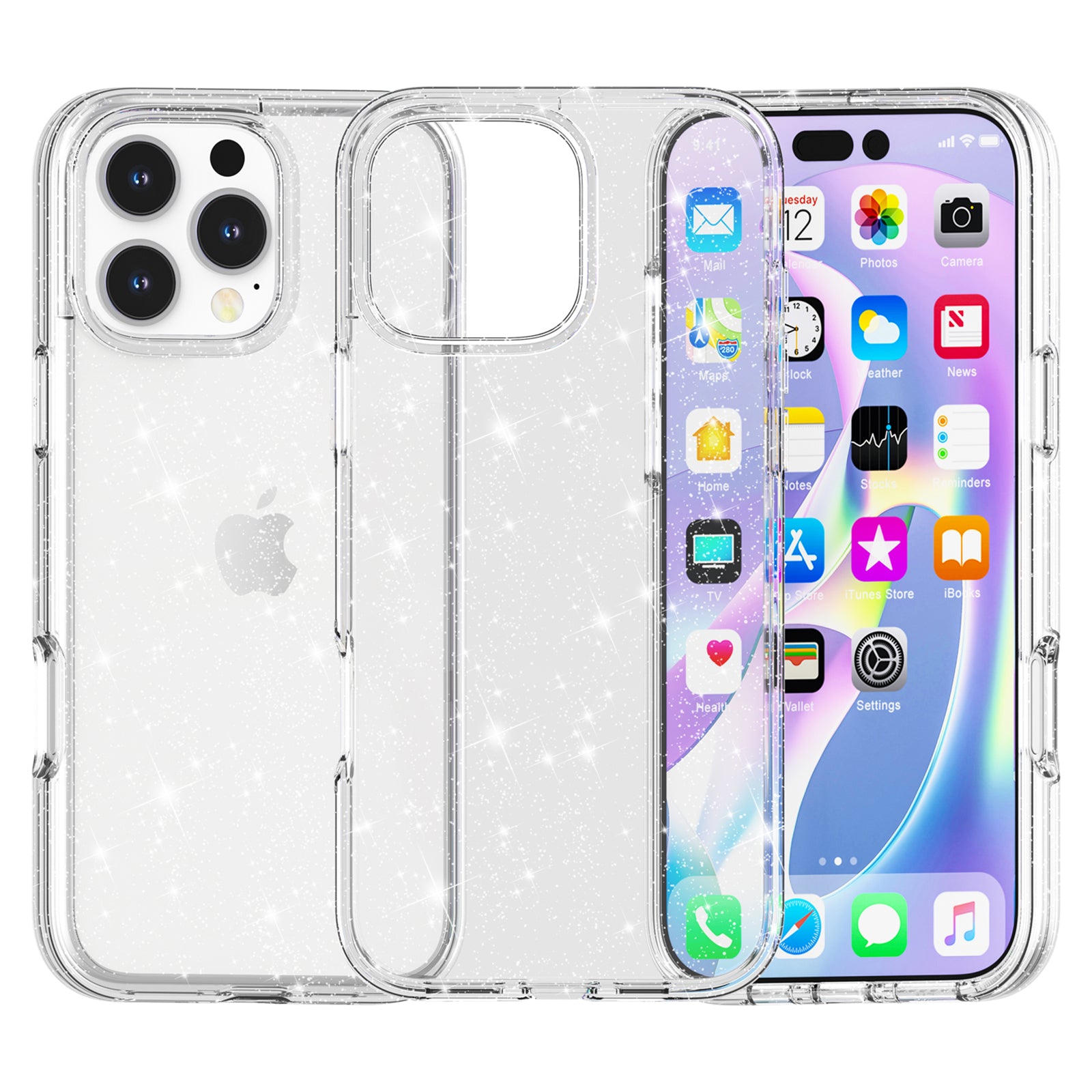 For iPhone 16 Pro Max Case Anti-scratch PC+TPU Sparkly Glitter Phone Cover - White