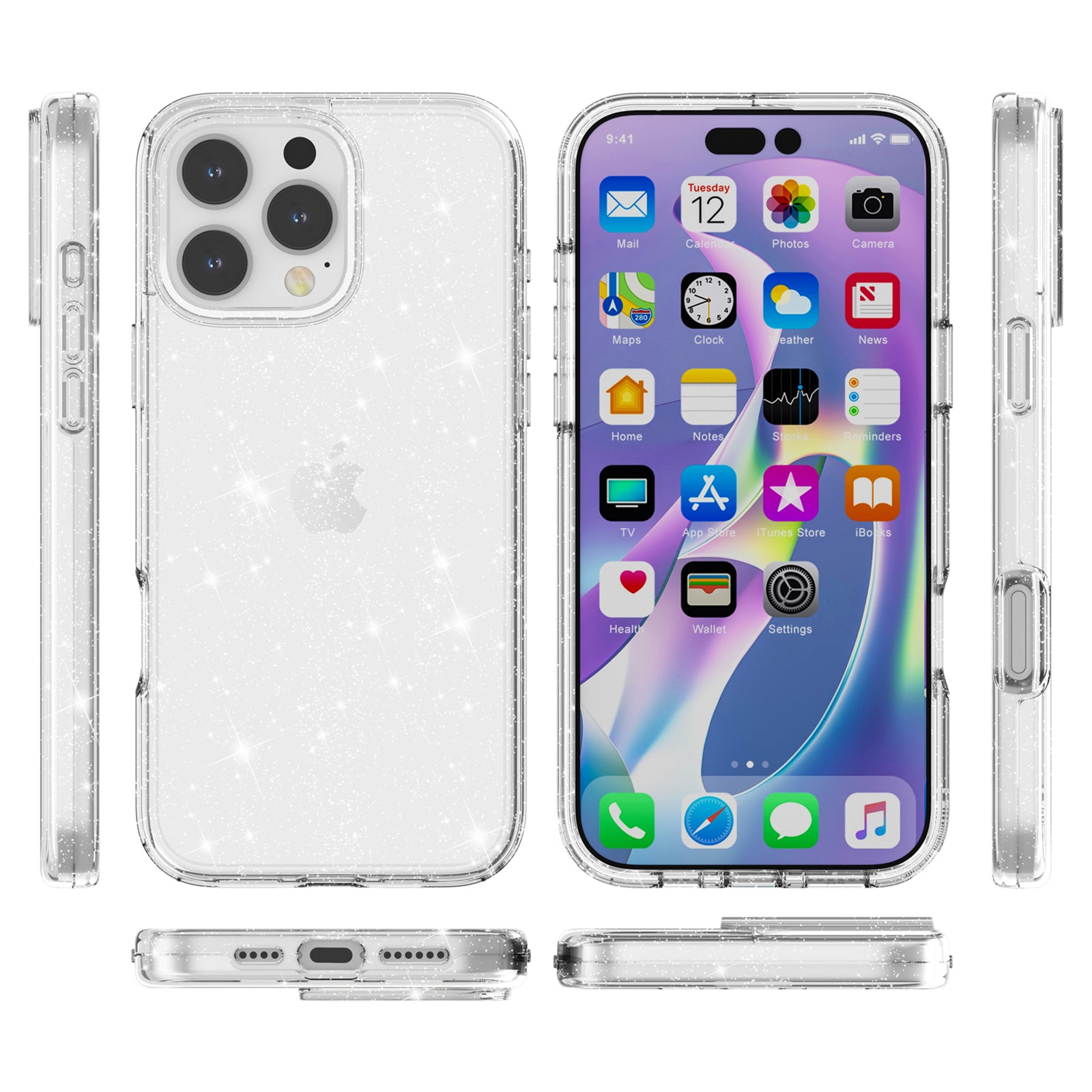 For iPhone 16 Pro Max Case Anti-scratch PC+TPU Sparkly Glitter Phone Cover - White