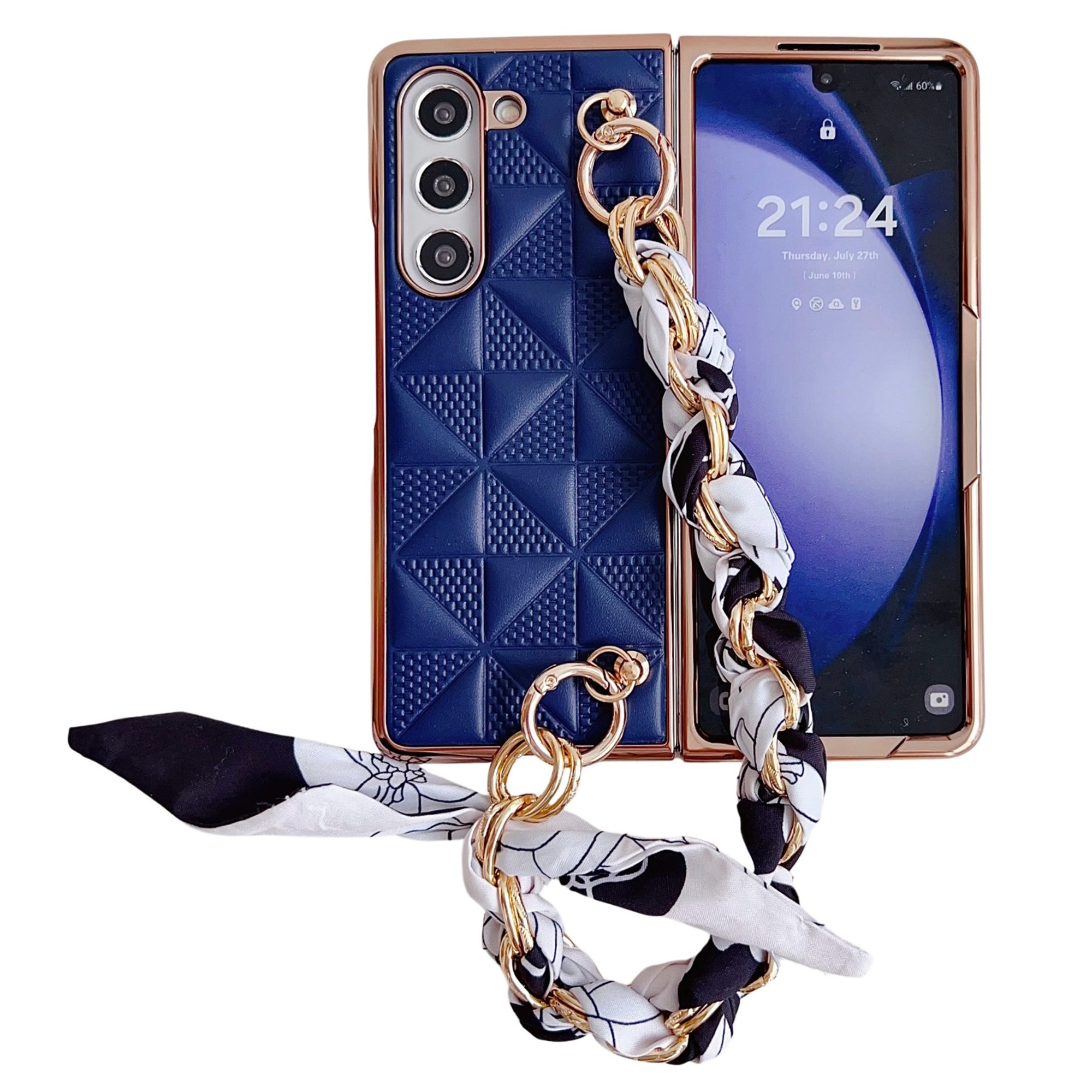 For Samsung Galaxy Z Fold6 5G Case Grid Texture PU+PC Phone Cover with Ribbon Chain Strap - Sapphire