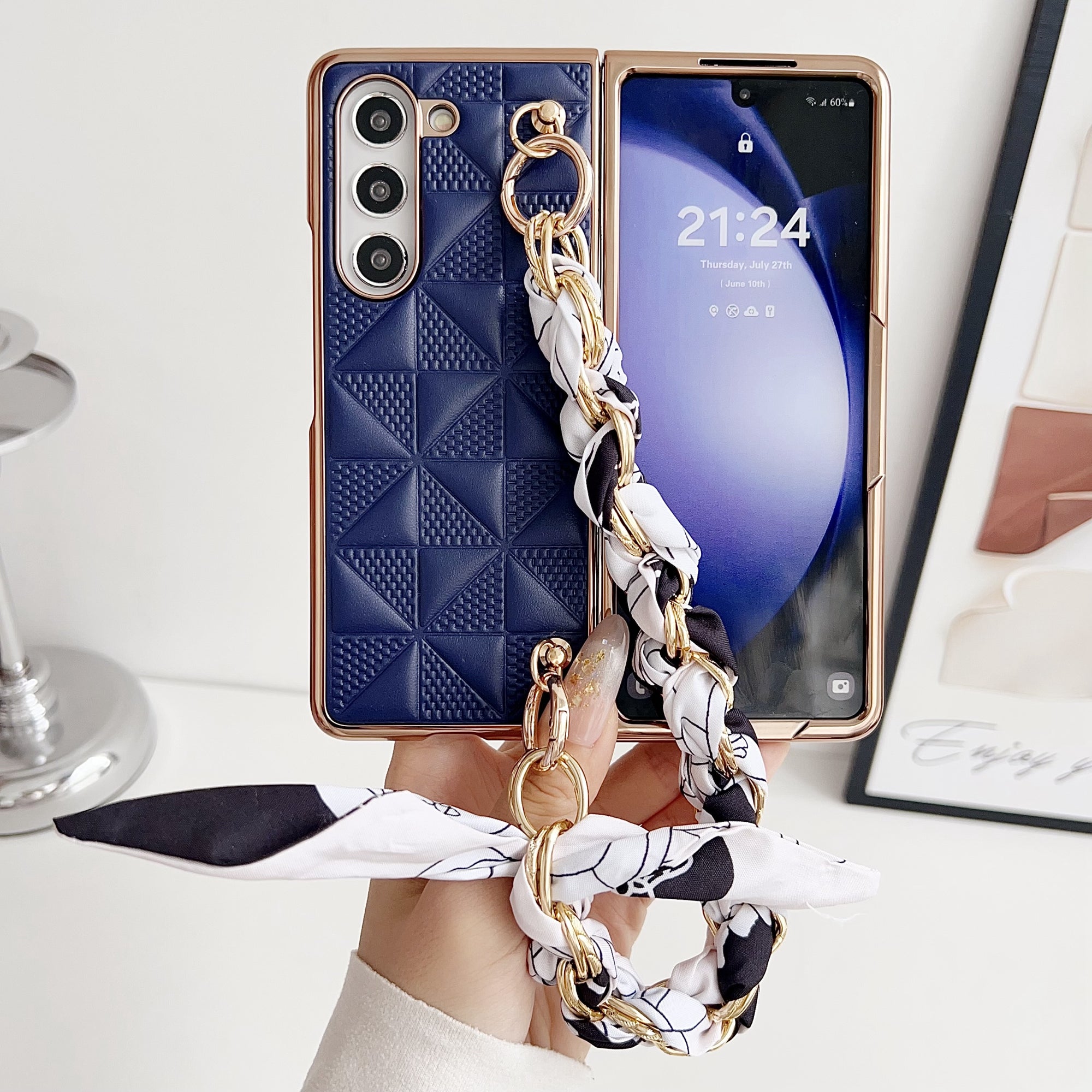 For Samsung Galaxy Z Fold6 5G Case Grid Texture PU+PC Phone Cover with Ribbon Chain Strap - Sapphire