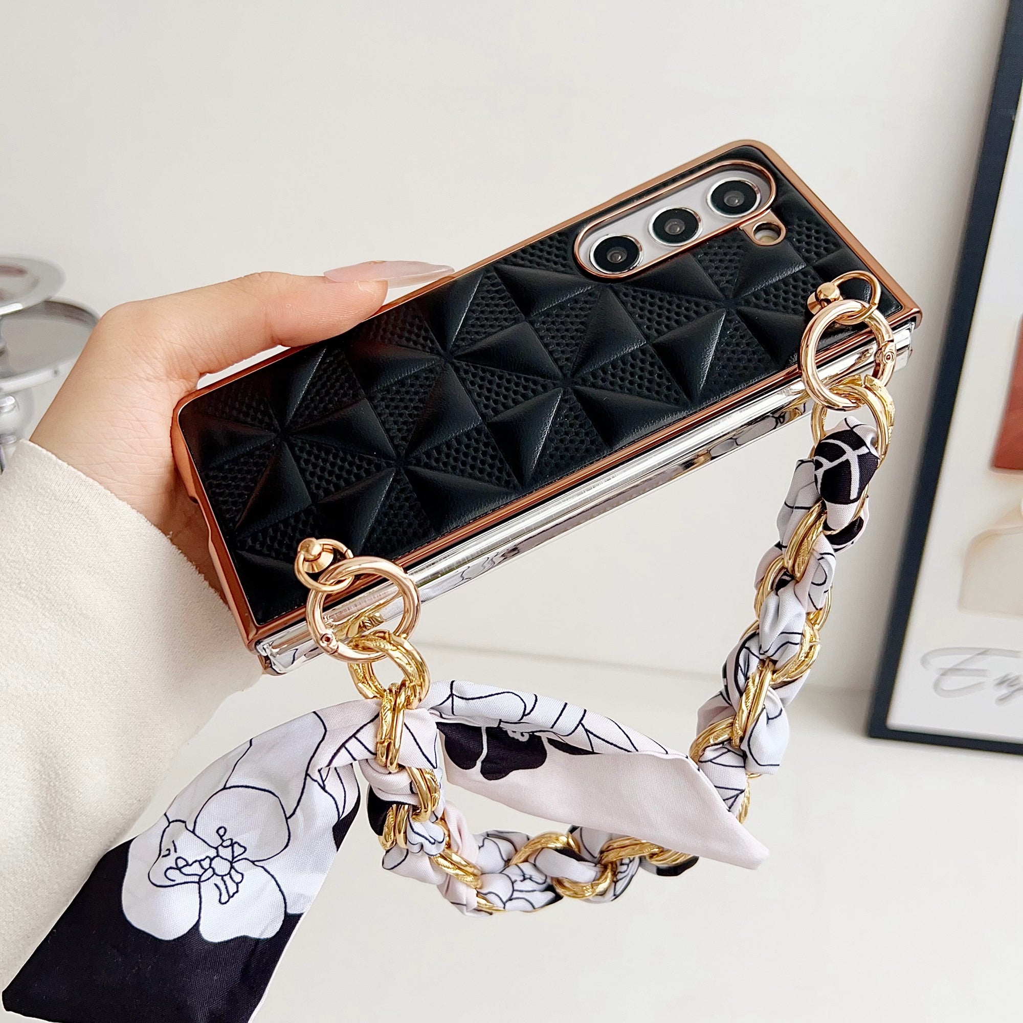 For Samsung Galaxy Z Fold6 5G Case Grid Texture PU+PC Phone Cover with Ribbon Chain Strap - Sapphire