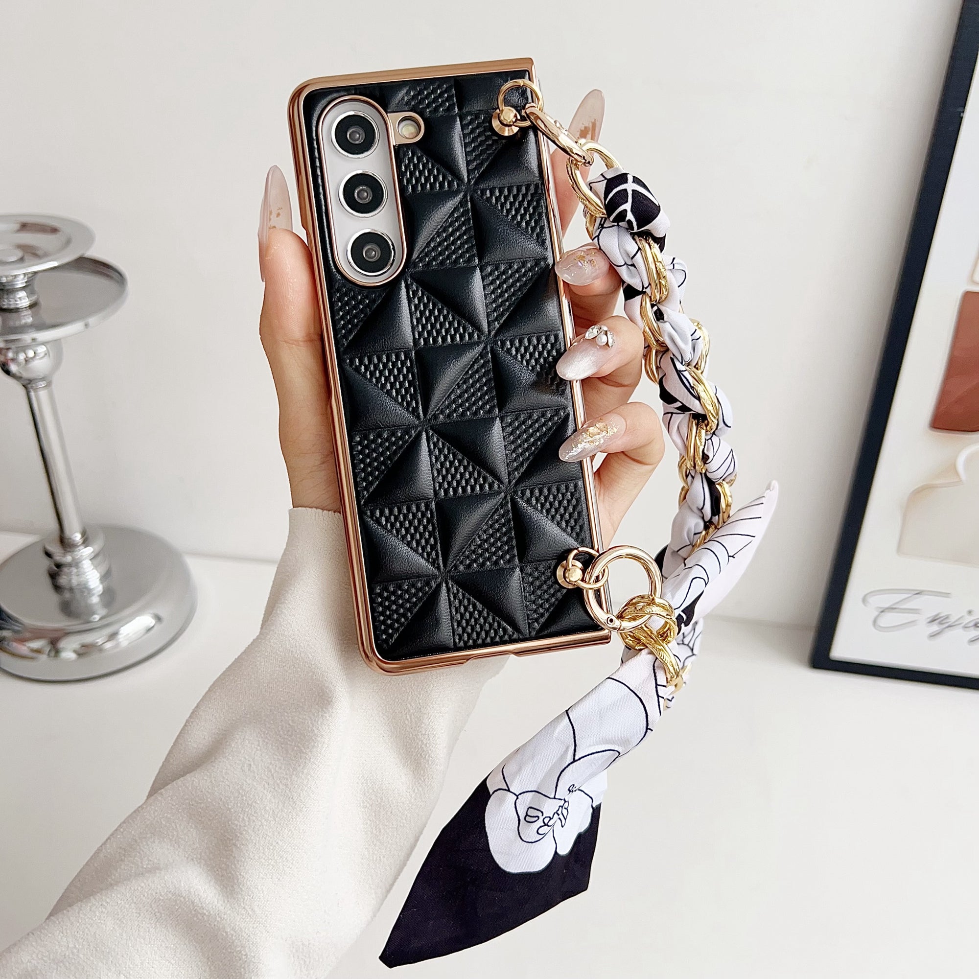 For Samsung Galaxy Z Fold6 5G Case Grid Texture PU+PC Phone Cover with Ribbon Chain Strap - Sapphire