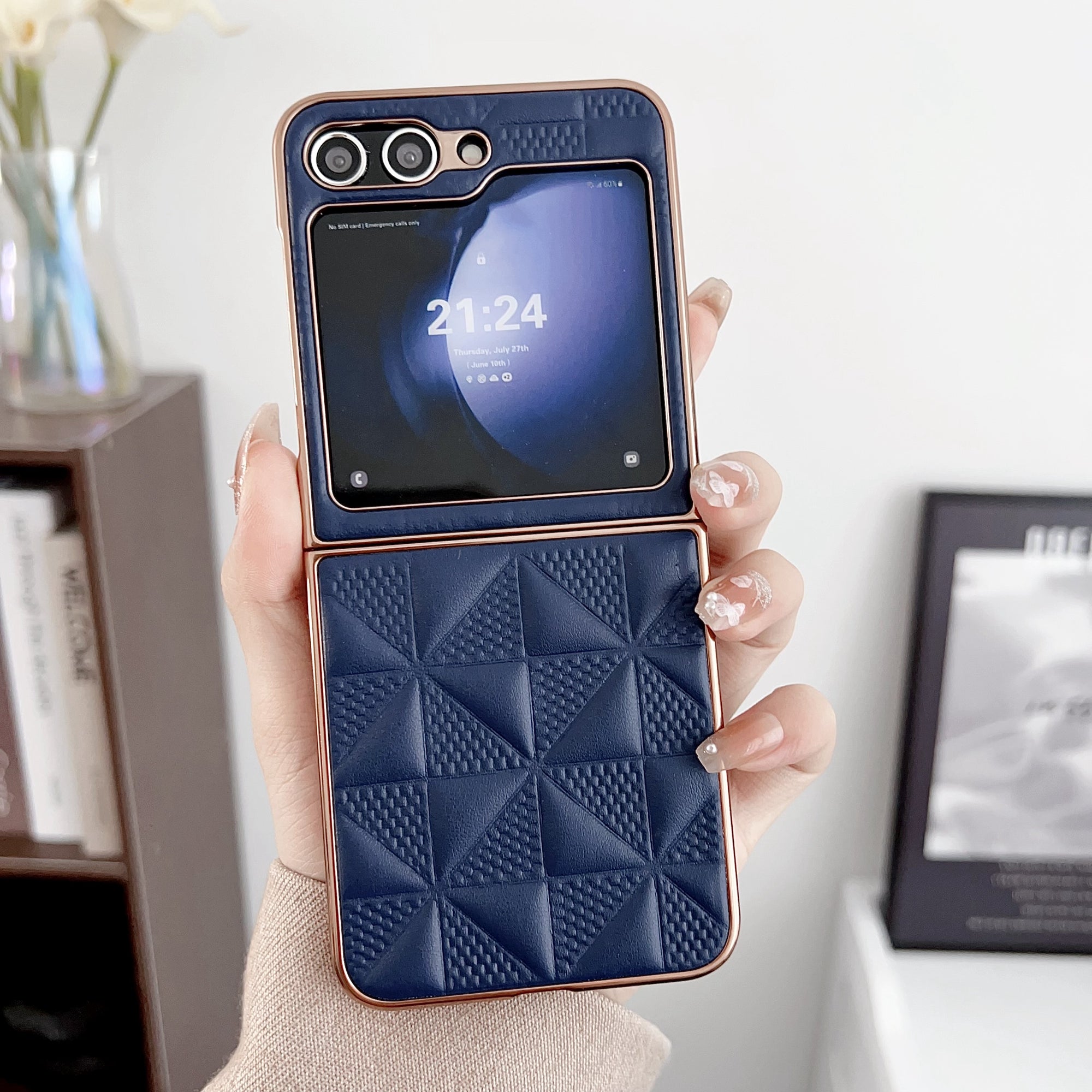 For Samsung Galaxy Z Flip6 5G Case Electroplating Frame Leather + PC Grid Texture Phone Cover - Sapphire