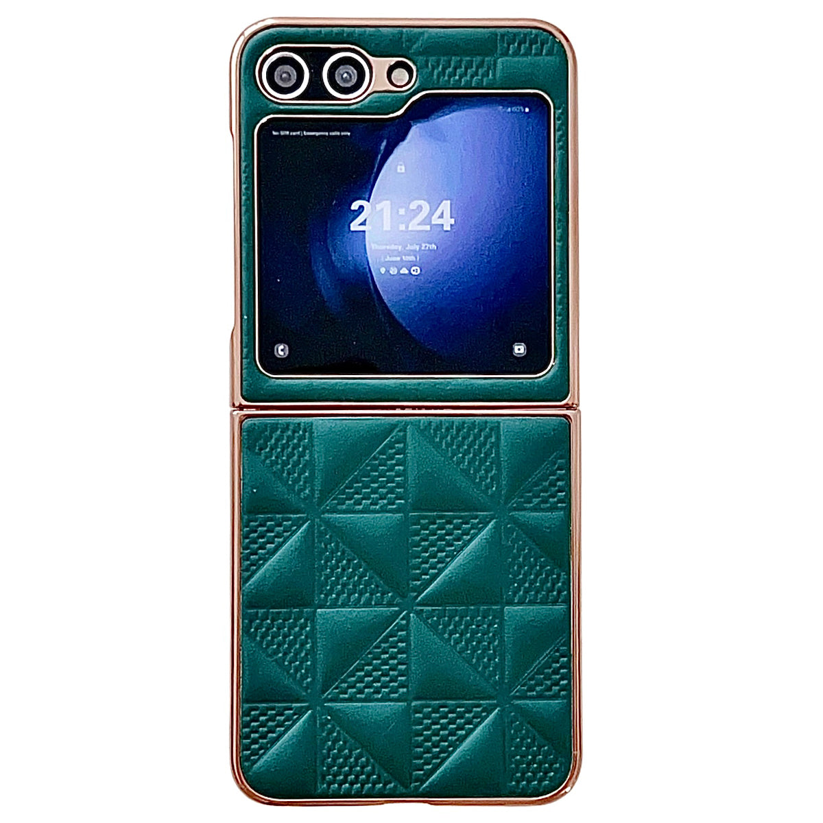 For Samsung Galaxy Z Flip6 5G Case Electroplating Frame Leather + PC Grid Texture Phone Cover - Dark Green