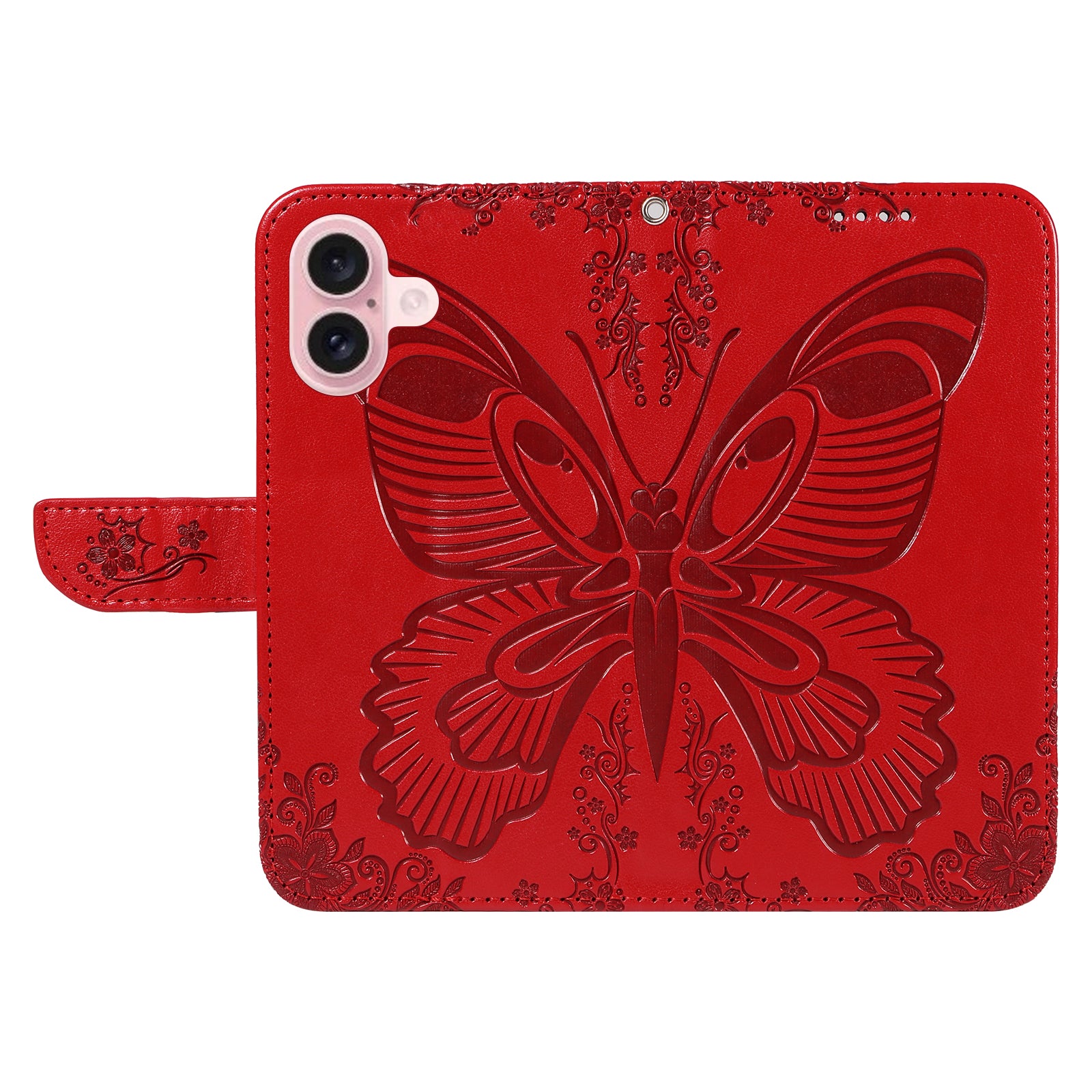 For iPhone 16 Case Butterfly Imprint Leather Folio Flip Cover - Red