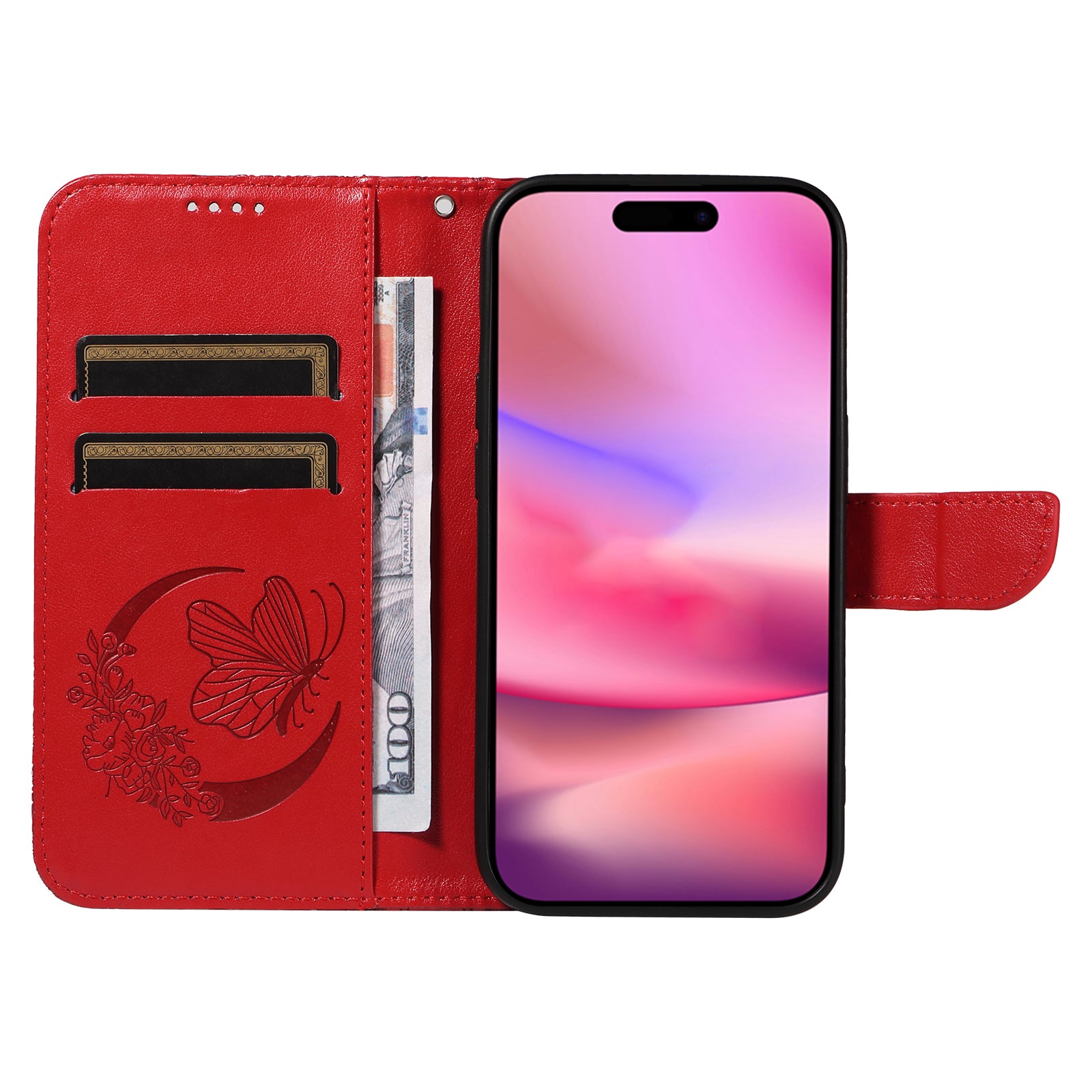 For iPhone 16 Case Butterfly Imprint Leather Folio Flip Cover - Red