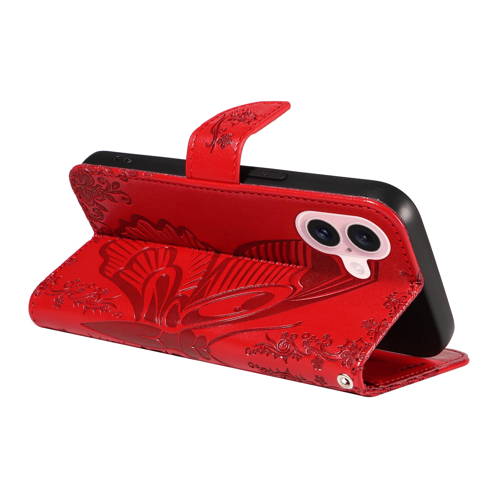 For iPhone 16 Case Butterfly Imprint Leather Folio Flip Cover - Red