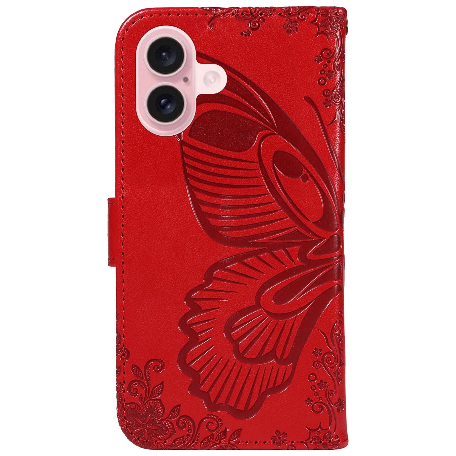 For iPhone 16 Case Butterfly Imprint Leather Folio Flip Cover - Red