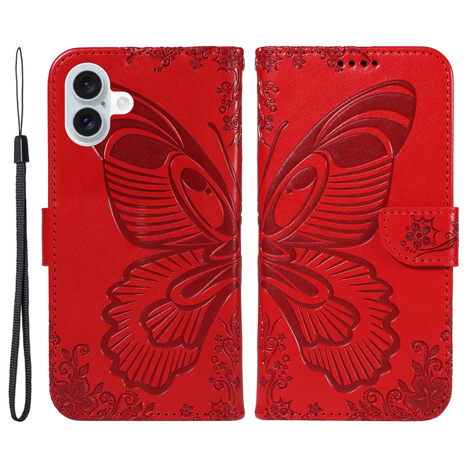 For iPhone 16 Plus Leather Case Butterfly Pattern Wallet Card Slots Phone Cover - Red