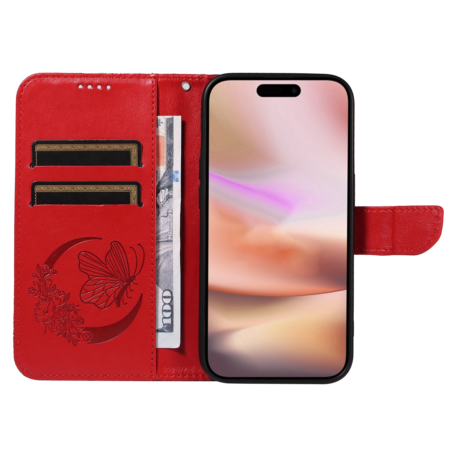 For iPhone 16 Plus Leather Case Butterfly Pattern Wallet Card Slots Phone Cover - Red