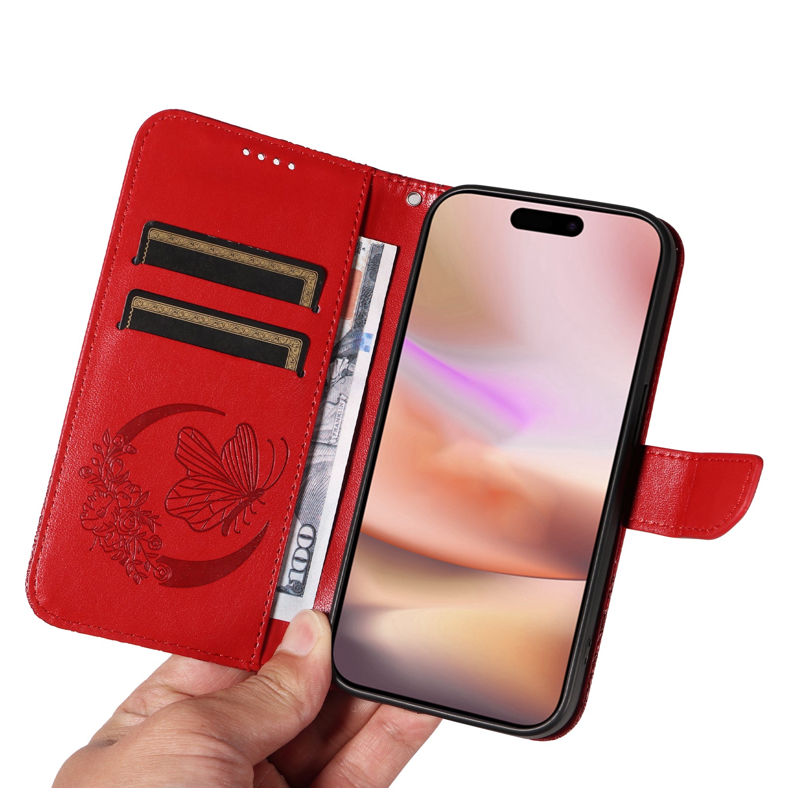 For iPhone 16 Plus Leather Case Butterfly Pattern Wallet Card Slots Phone Cover - Red