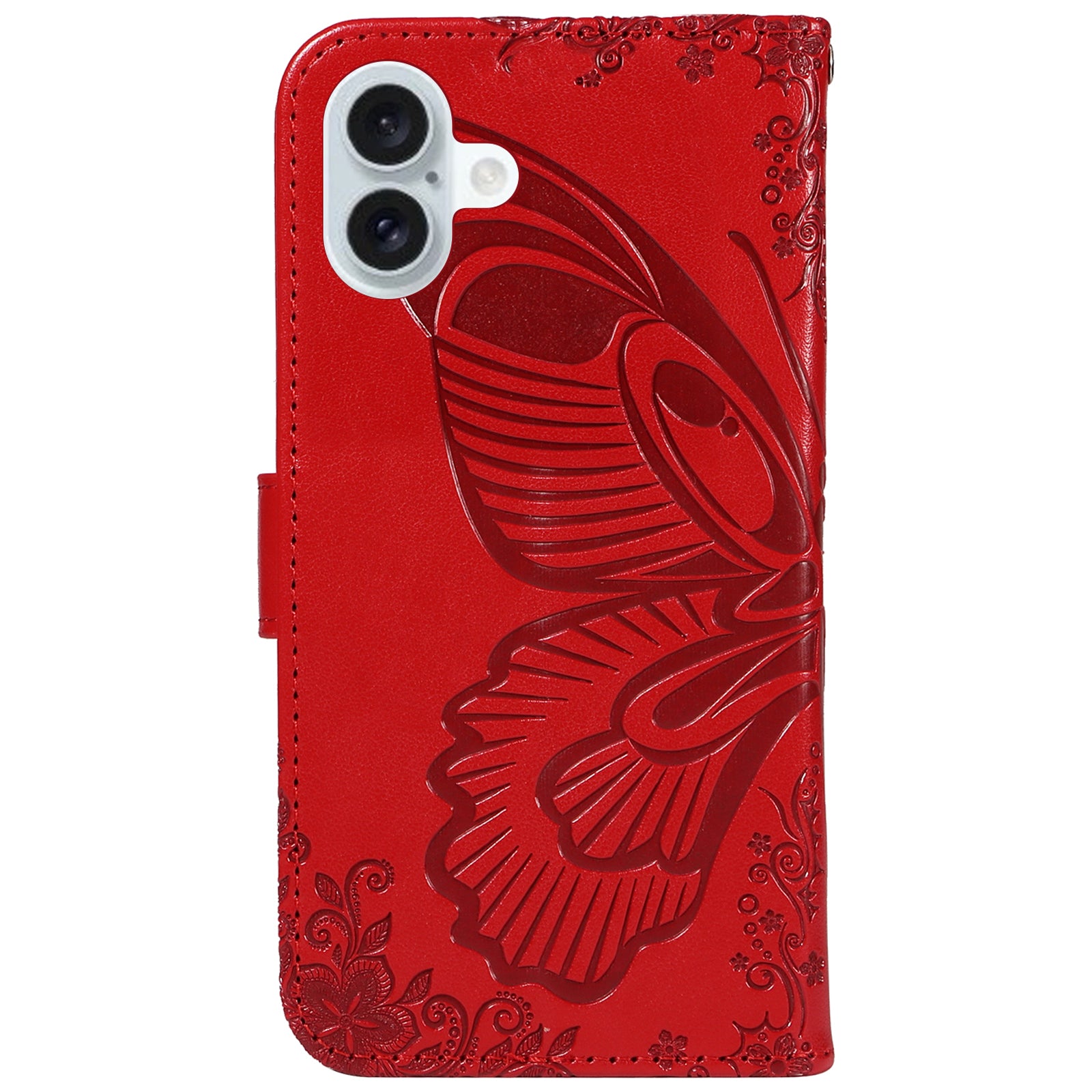 For iPhone 16 Plus Leather Case Butterfly Pattern Wallet Card Slots Phone Cover - Red