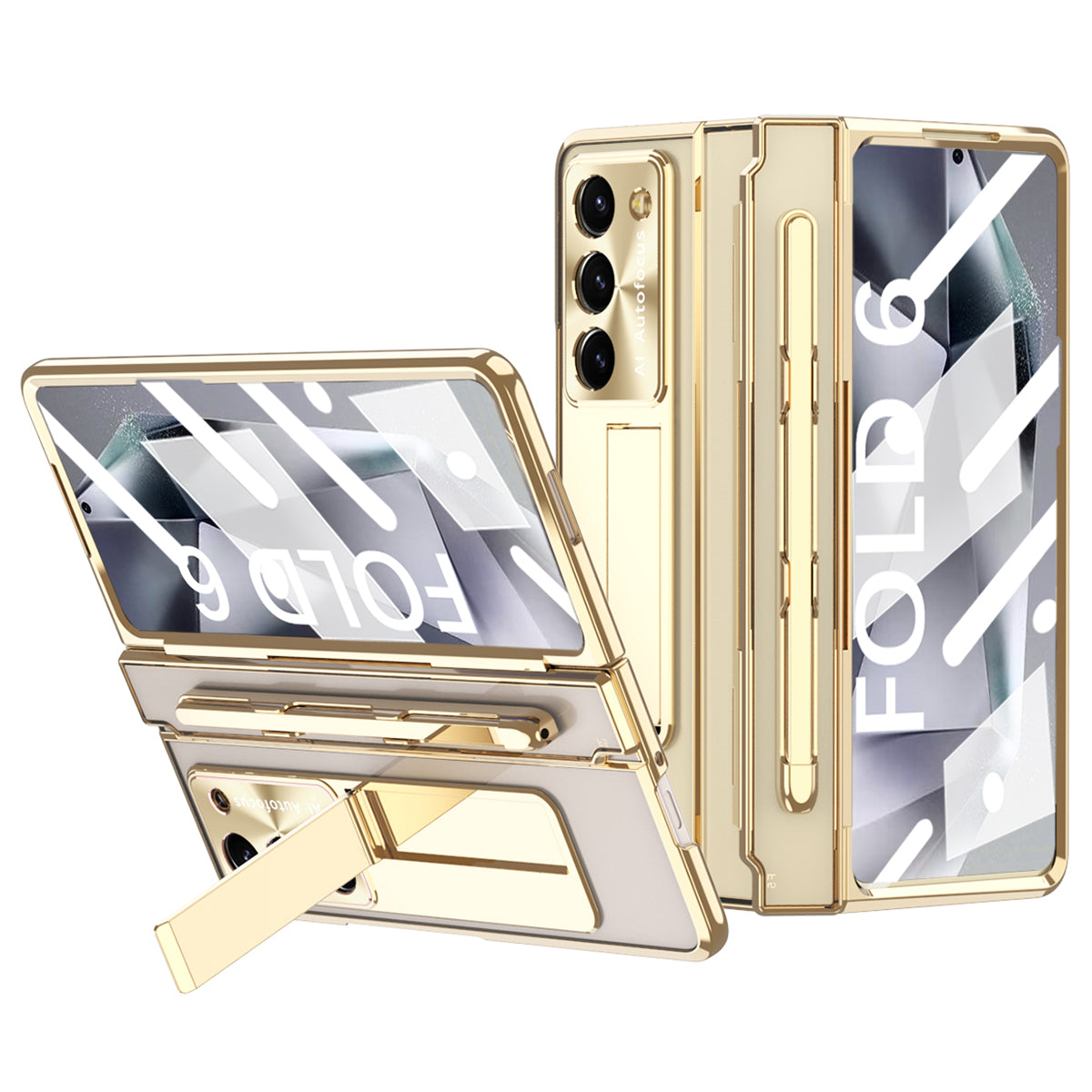 For Samsung Galaxy Z Fold6 5G Kickstand Phone Case PC Folding Cover with Tempered Glass Film + Stylus Pen - Gold