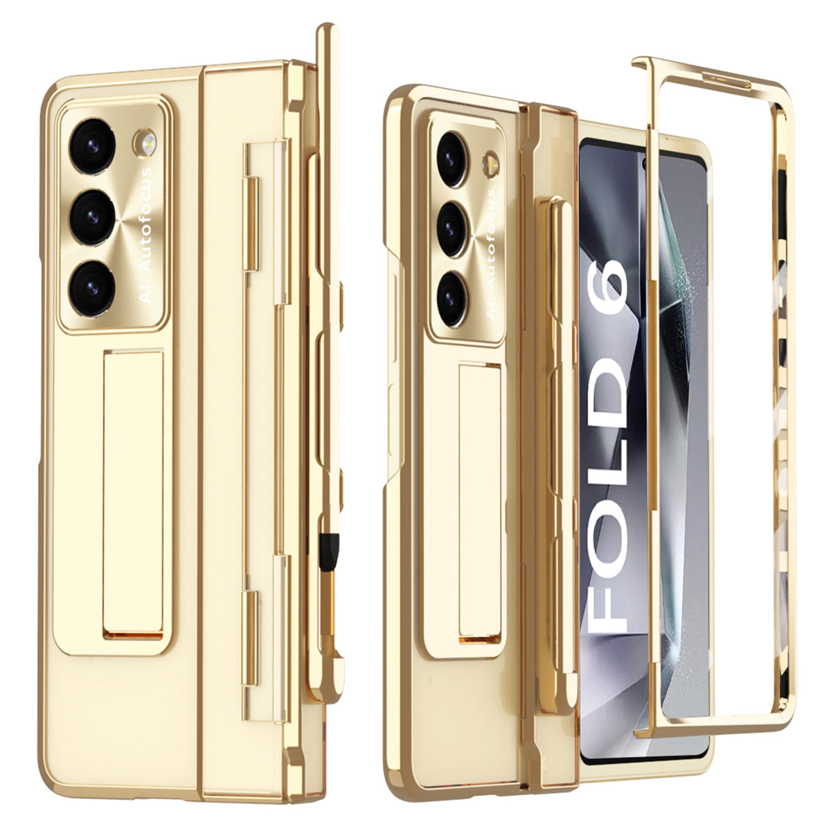 For Samsung Galaxy Z Fold6 5G Kickstand Phone Case PC Folding Cover with Tempered Glass Film + Stylus Pen - Gold