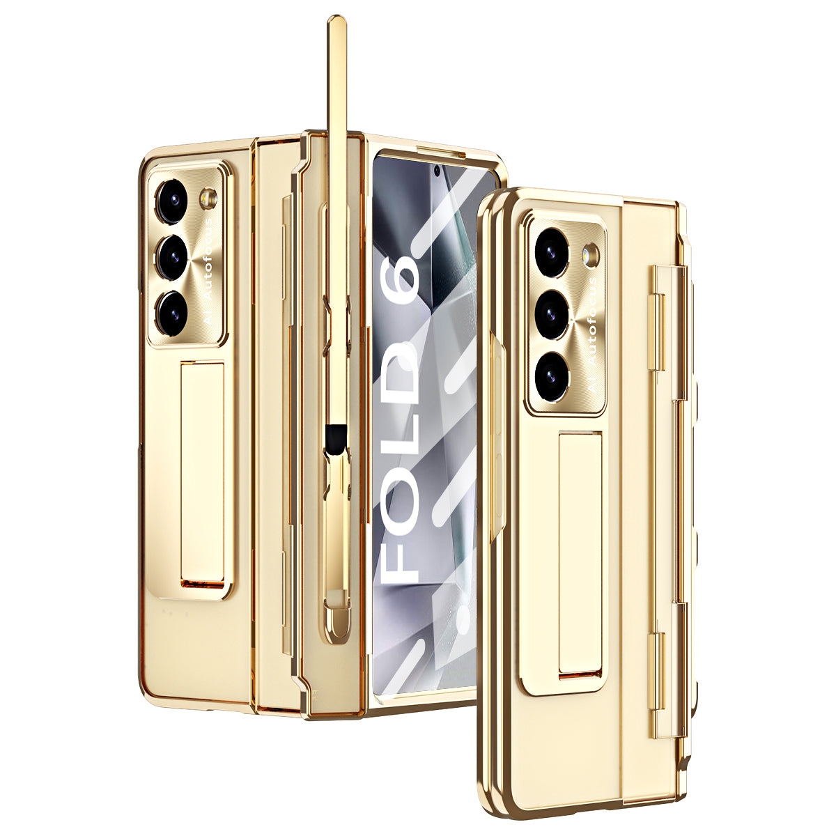 For Samsung Galaxy Z Fold6 5G Kickstand Phone Case PC Folding Cover with Tempered Glass Film + Stylus Pen - Gold