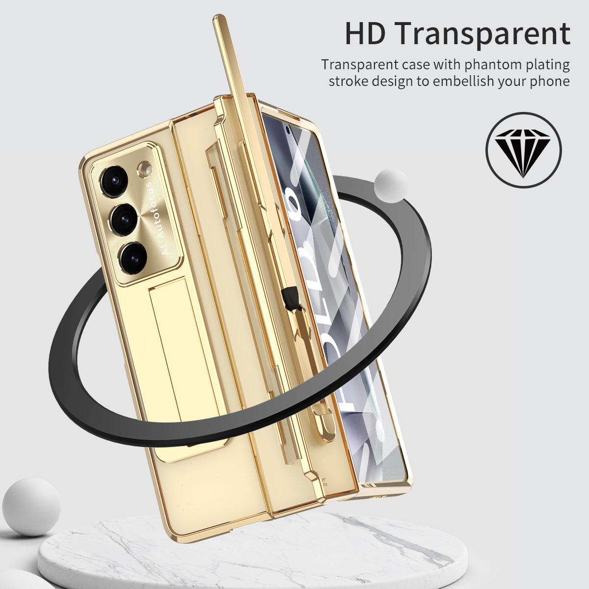 For Samsung Galaxy Z Fold6 5G Kickstand Phone Case PC Folding Cover with Tempered Glass Film + Stylus Pen - Gold