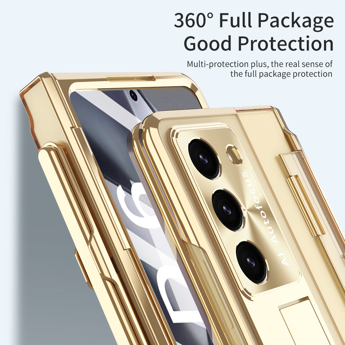 For Samsung Galaxy Z Fold6 5G Kickstand Phone Case PC Folding Cover with Tempered Glass Film + Stylus Pen - Gold