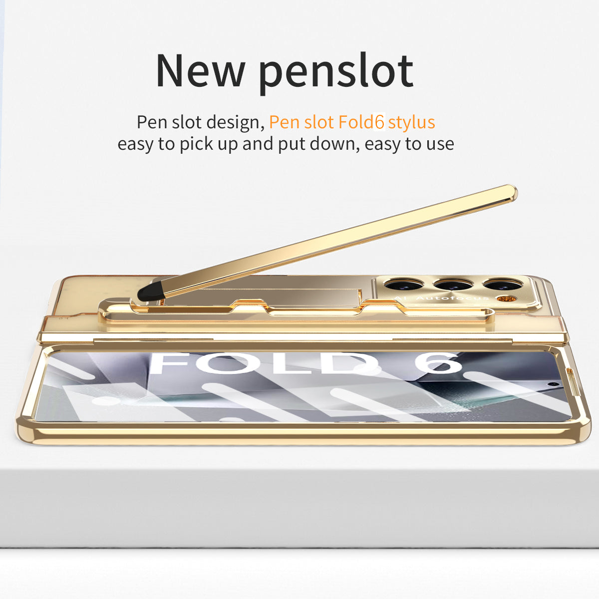 For Samsung Galaxy Z Fold6 5G Kickstand Phone Case PC Folding Cover with Tempered Glass Film + Stylus Pen - Gold