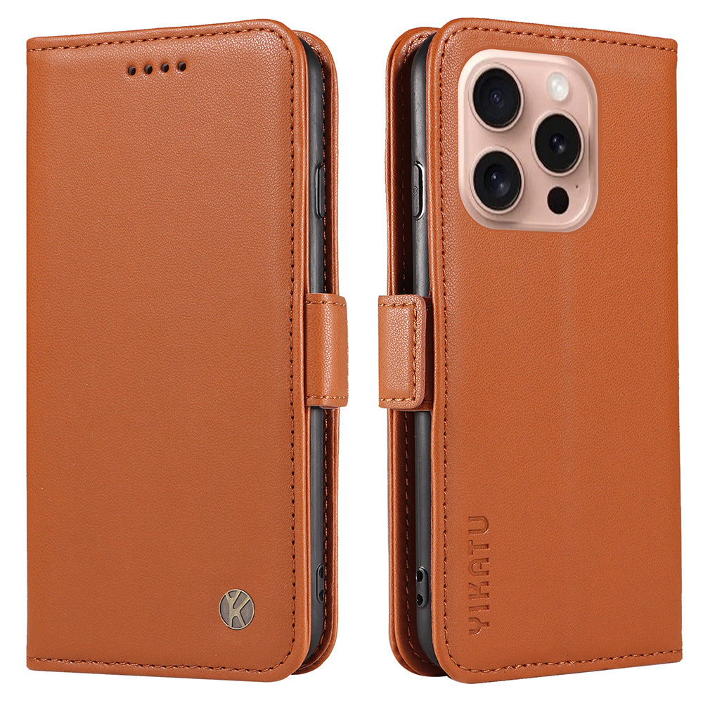 YIKATU YK-003 For iPhone 16 Pro Case Wallet Card Slots PU Leather Phone Cover - Brown