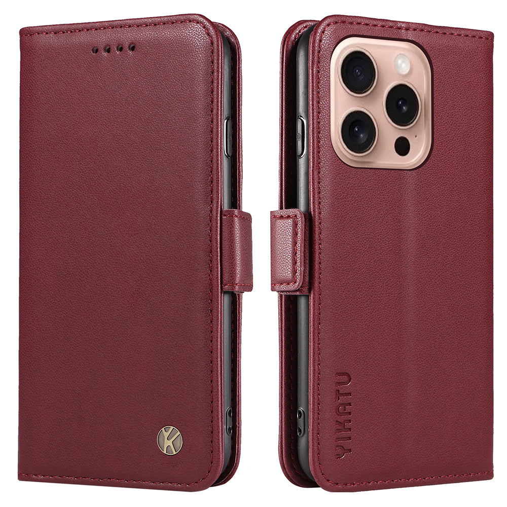 YIKATU YK-003 For iPhone 16 Pro Case Wallet Card Slots PU Leather Phone Cover - Wine Red