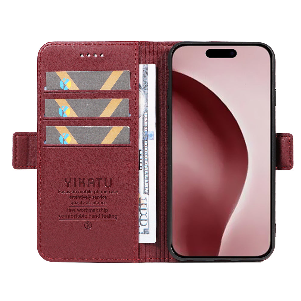 YIKATU YK-003 For iPhone 16 Pro Case Wallet Card Slots PU Leather Phone Cover - Wine Red