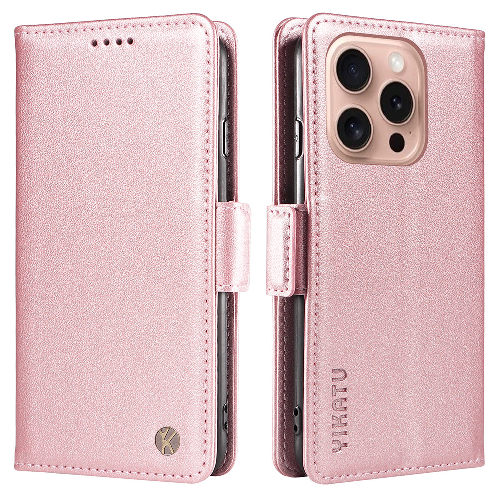 YIKATU YK-003 For iPhone 16 Pro Case Wallet Card Slots PU Leather Phone Cover - Rose Gold