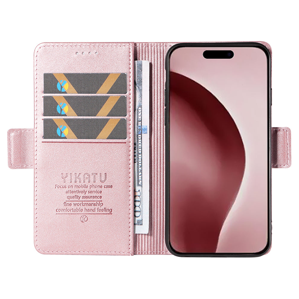 YIKATU YK-003 For iPhone 16 Pro Case Wallet Card Slots PU Leather Phone Cover - Rose Gold