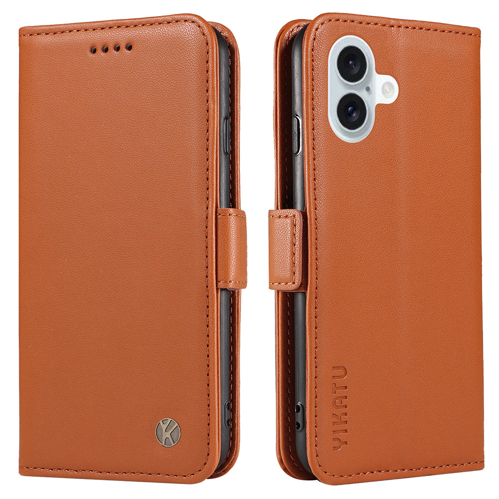 YIKATU YK-003 For iPhone 16 Plus Case Wallet Phone Leather Cover with Folding Stand - Brown