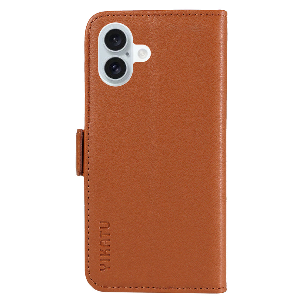 YIKATU YK-003 For iPhone 16 Plus Case Wallet Phone Leather Cover with Folding Stand - Brown