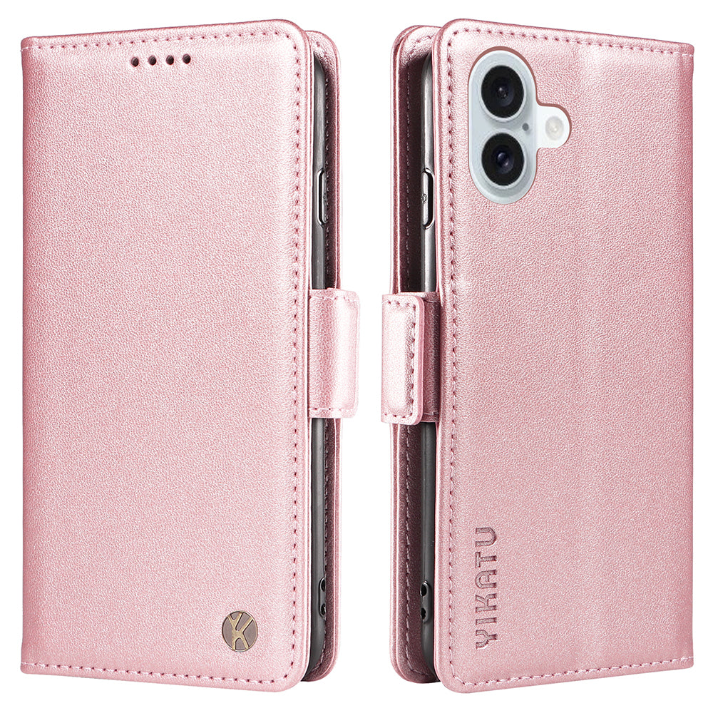 YIKATU YK-003 For iPhone 16 Plus Case Wallet Phone Leather Cover with Folding Stand - Rose Gold