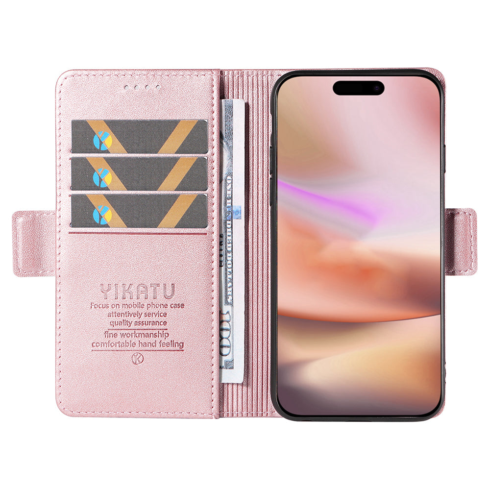 YIKATU YK-003 For iPhone 16 Plus Case Wallet Phone Leather Cover with Folding Stand - Rose Gold