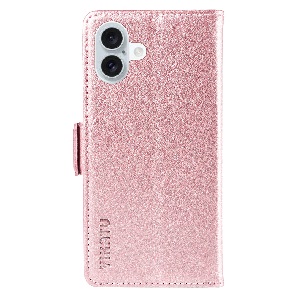 YIKATU YK-003 For iPhone 16 Plus Case Wallet Phone Leather Cover with Folding Stand - Rose Gold