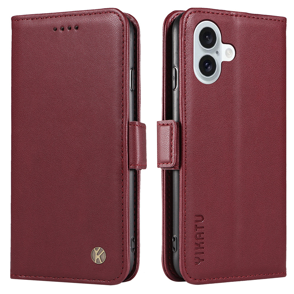 YIKATU YK-003 For iPhone 16 Plus Case Wallet Phone Leather Cover with Folding Stand - Wine Red