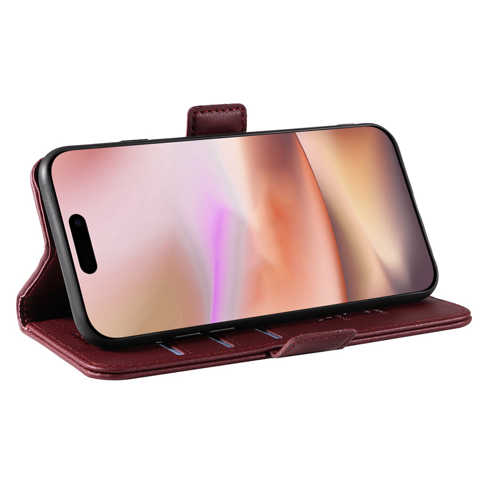 YIKATU YK-003 For iPhone 16 Plus Case Wallet Phone Leather Cover with Folding Stand - Wine Red