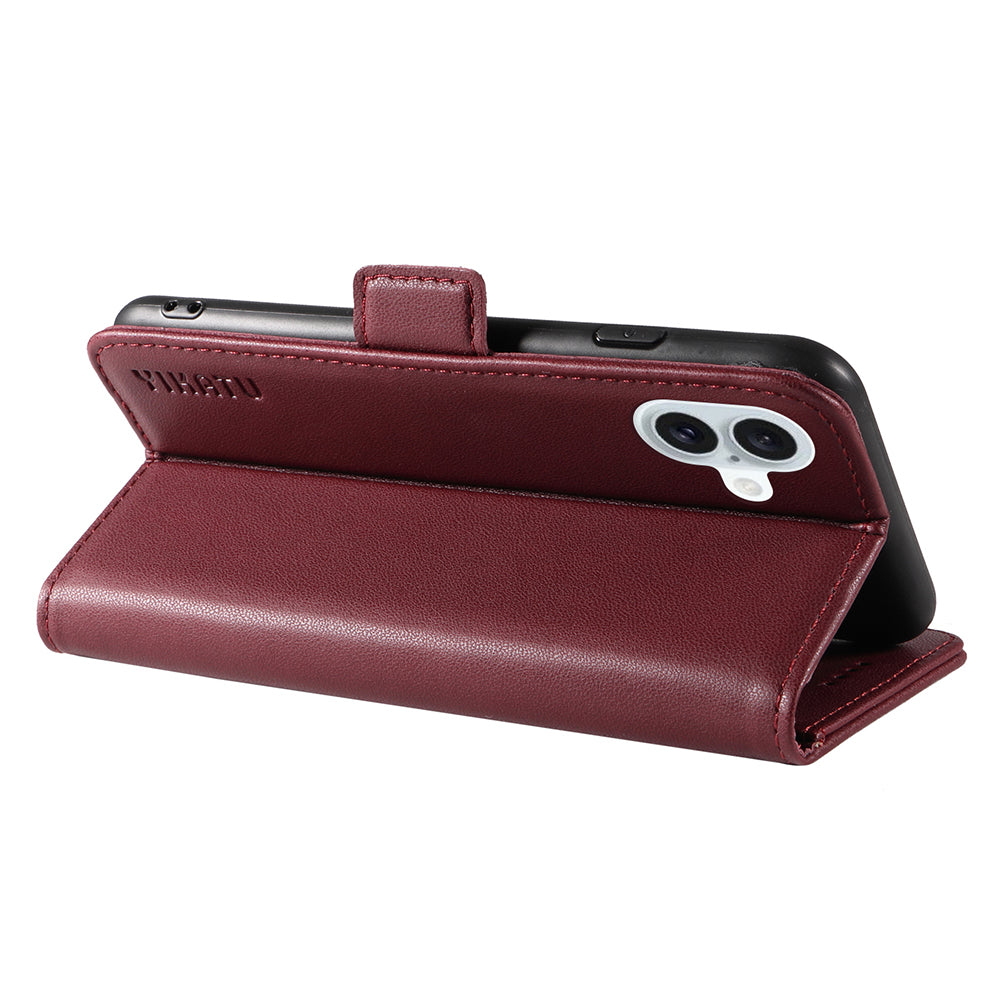 YIKATU YK-003 For iPhone 16 Plus Case Wallet Phone Leather Cover with Folding Stand - Wine Red