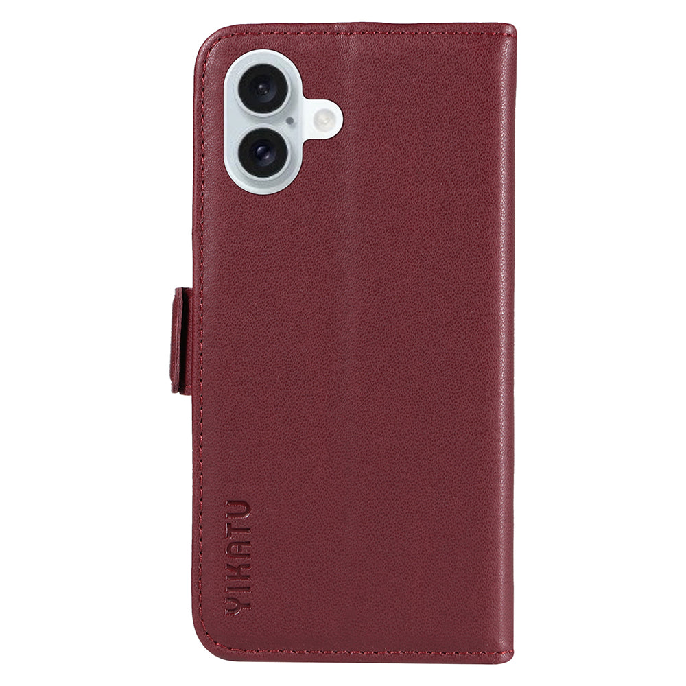 YIKATU YK-003 For iPhone 16 Plus Case Wallet Phone Leather Cover with Folding Stand - Wine Red