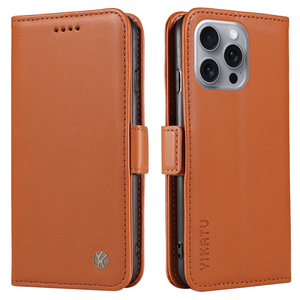 YIKATU YK-003 For iPhone 16 Pro Max Case PU Leather Folio Flip Phone Cover - Brown