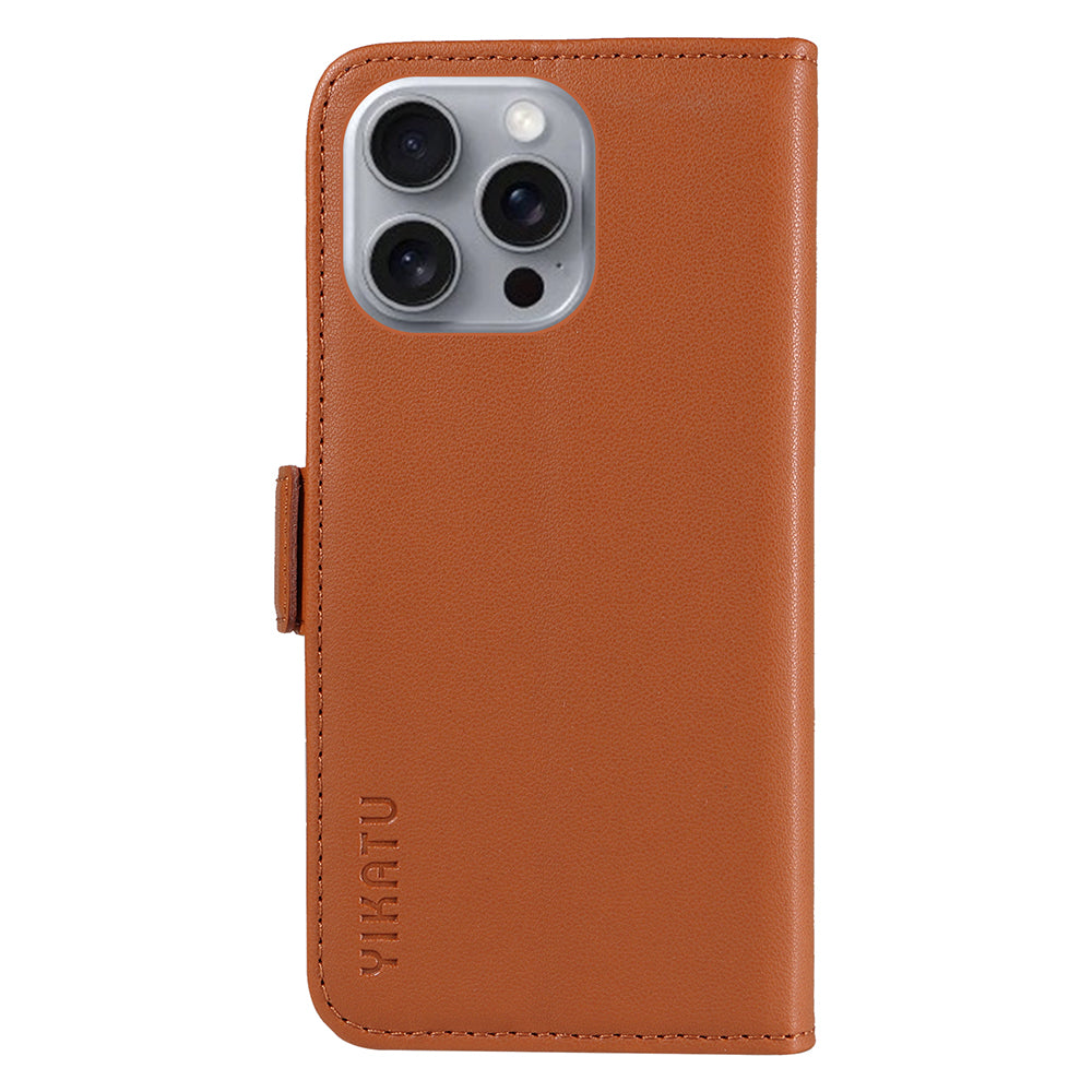 YIKATU YK-003 For iPhone 16 Pro Max Case PU Leather Folio Flip Phone Cover - Brown