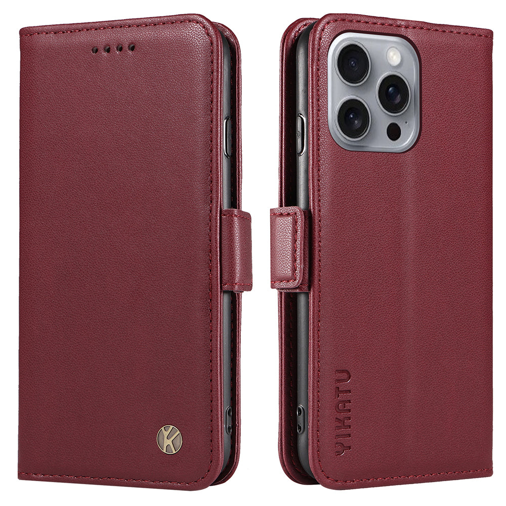 YIKATU YK-003 For iPhone 16 Pro Max Case PU Leather Folio Flip Phone Cover - Wine Red