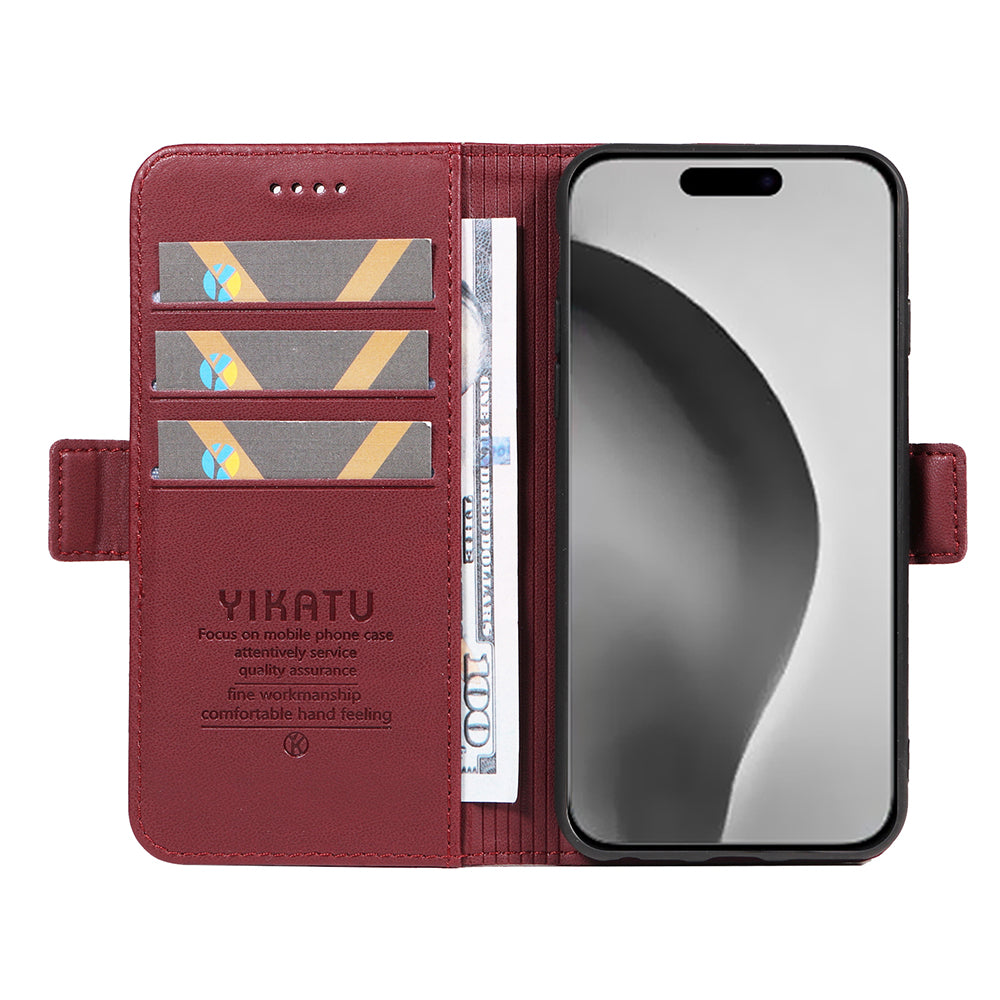 YIKATU YK-003 For iPhone 16 Pro Max Case PU Leather Folio Flip Phone Cover - Wine Red