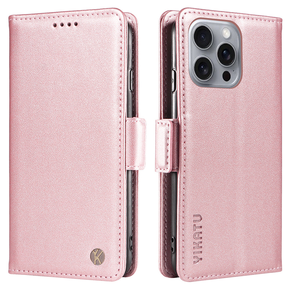 YIKATU YK-003 For iPhone 16 Pro Max Case PU Leather Folio Flip Phone Cover - Rose Gold